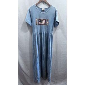 Lynee Cactus Bay VTG Patriotic Postage Stamp Marble Blue Maxi Dress Size Large